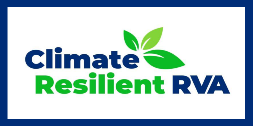 Climate Resilient RVA text in green & blue with a 3 leaf plant by the word Climate