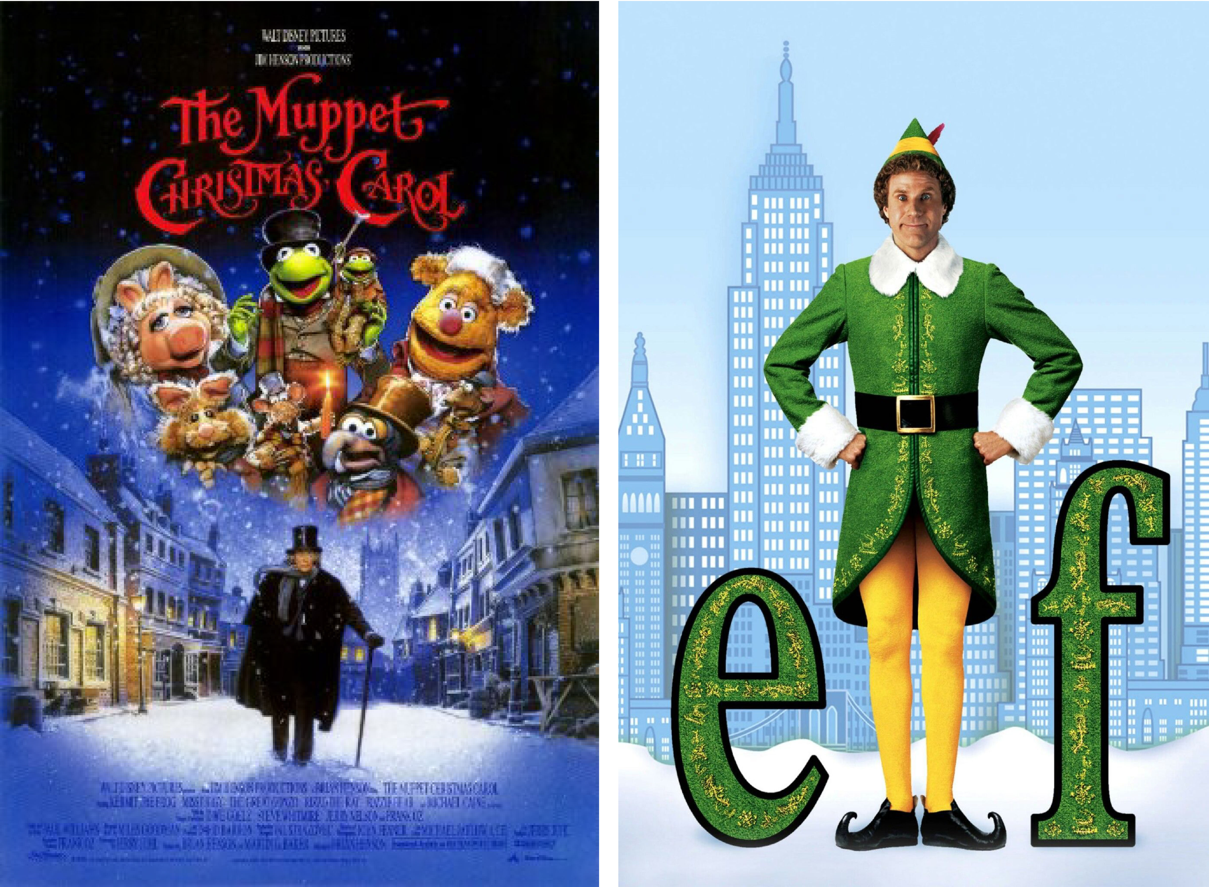 Movie posters for "Muppet Christmas Carol" and "Elf" side by side.