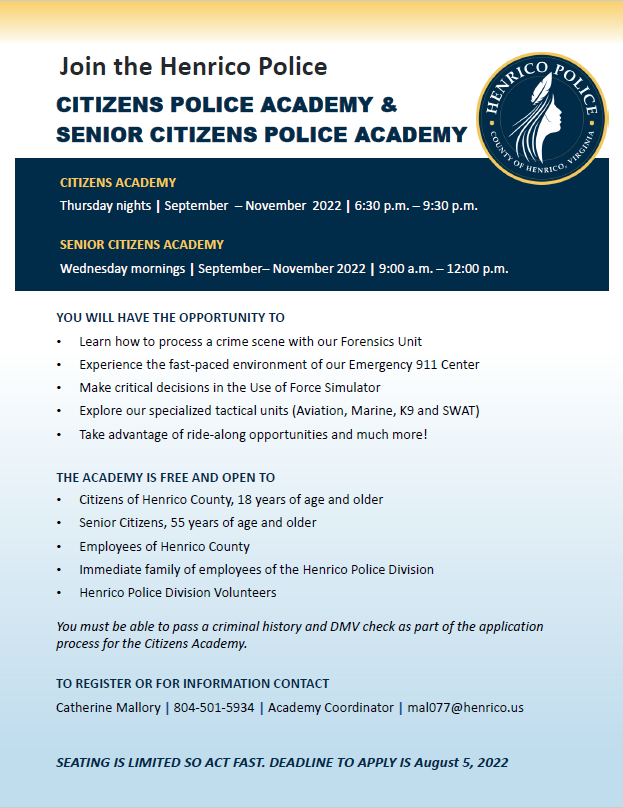 A flyer providing information for the Citizens and Senior Citizens police academy