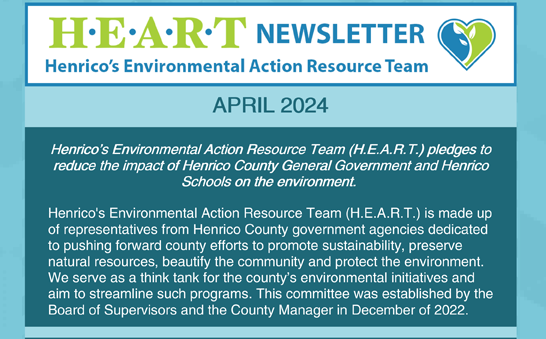 HEART Newsletter words in teal, green on white background masthead from  April 2024 newsletter. Under the date is HEART's mission statement in white text on a darker teal background 