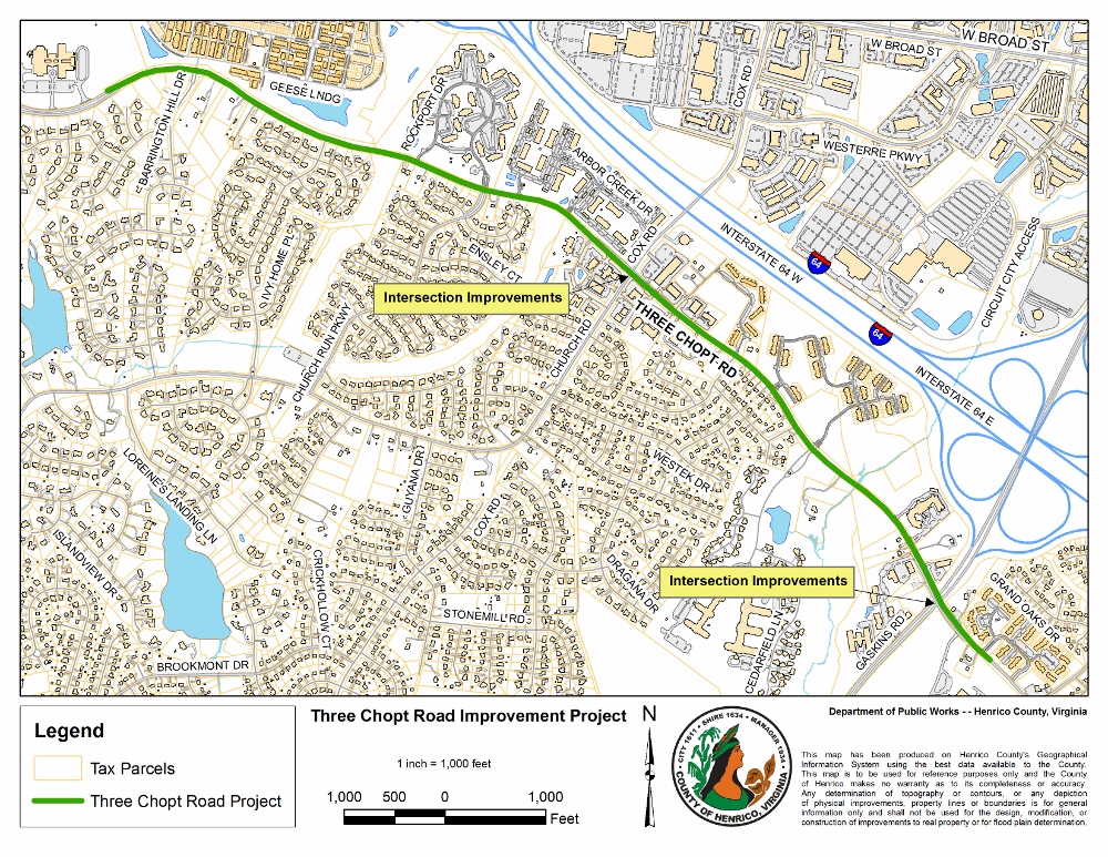 A map of the Three Chopt Road improvement details and overall boundaries for reference purposes