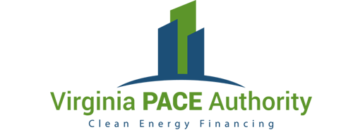 Logo of a silhouette representing buildings, one green & 2 blue with blue curved line underneath representing land. Text underneath reads Virginia PACE Authority in green & Clean Energy Financing  below in blue text.