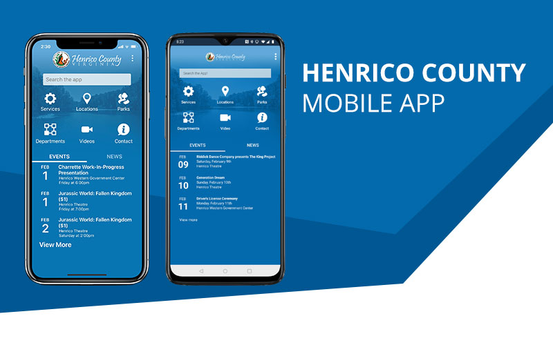 Two smartphones displaying the henrico county mobile app interface.