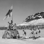 Raising the Finnish flag at the three-country cairn after the end of World War II in Finland